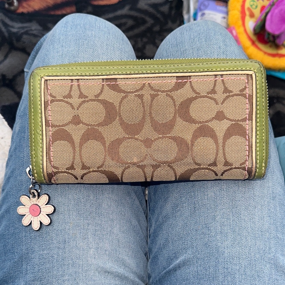 Coach Brown monogram canvas and Green leather long zip around Wallet floral zip